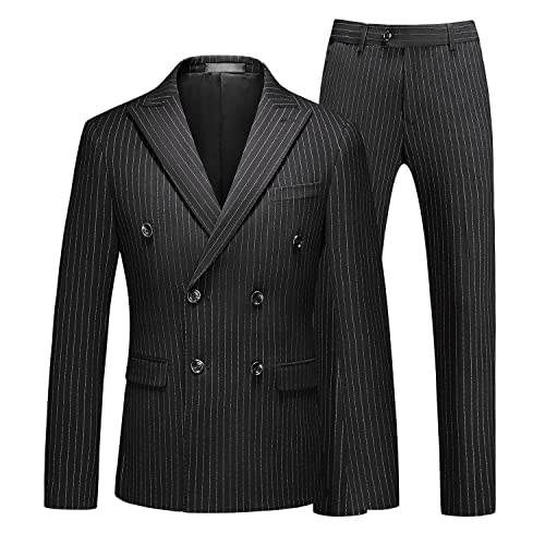 MOGU Mens Suits 3 Piece Double Breasted Suit Pinstripe Slim Fit